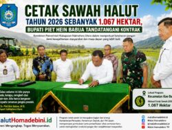 CETAK SAWAH HALUT TAHUN 2026 SEBANYAK SERIBU ENAM PULUH TUJUH HEKTAR, BUPATI PIET HEIN BABUA TANDATANGANI KONTRAK